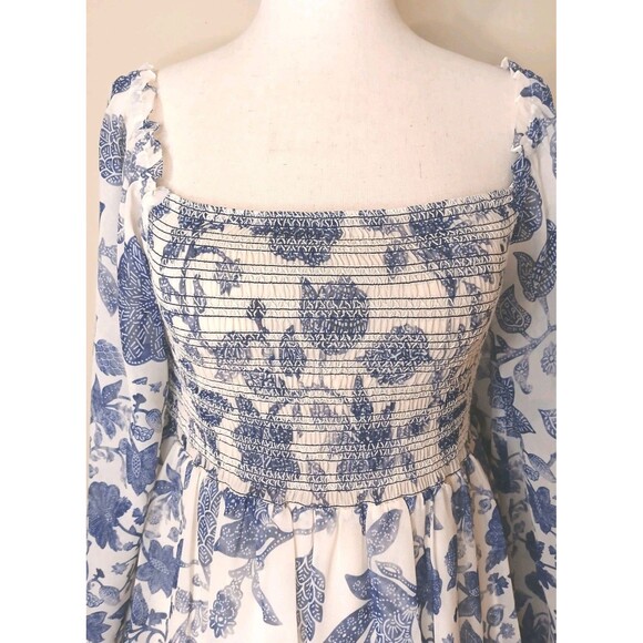 Sachin & Babi Dress Sz Small Blue Floral Shirred Mini w/ Baloon Sleeve Lined NWT - Picture 5 of 16